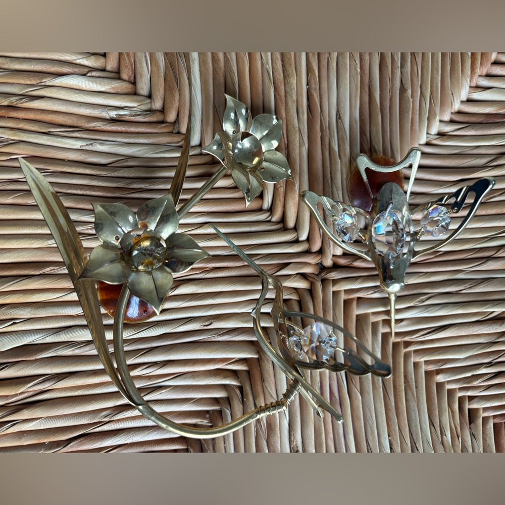 Gold Tone Floral Hummingbird Window Hanger Set With Gem Accents